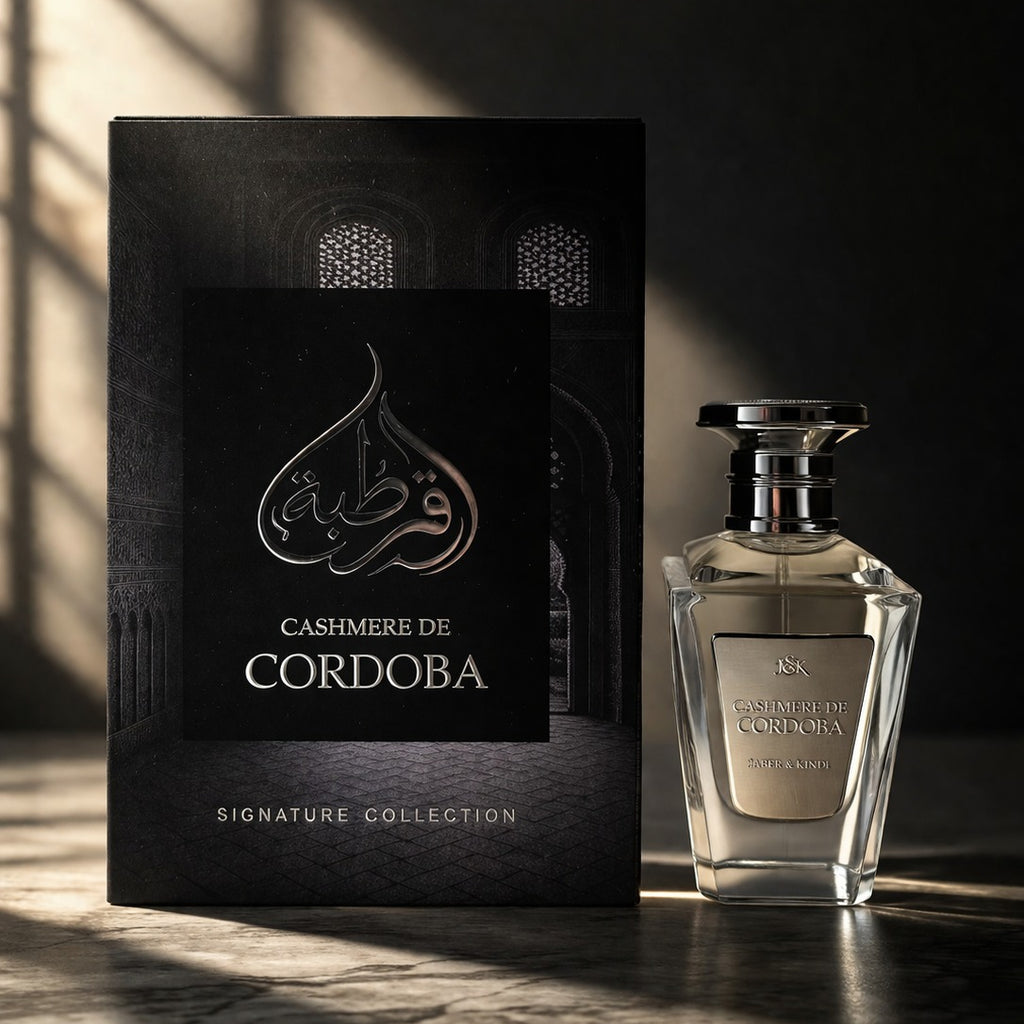 Cashmere de Cordoba perfume bottle and packaging on a dark background
